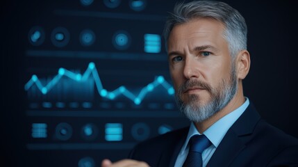 Poster - Professional businessman analyzing financial data with blue graphs in the background, showcasing modern business strategies and insights