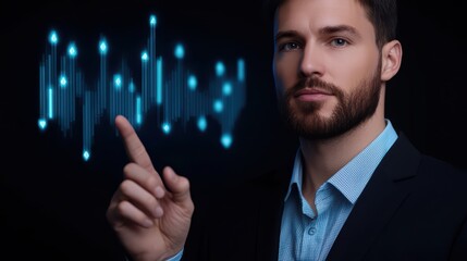 Poster - Businessman Analyzing Data Trends with Digital Graphics in Dark Background for Corporate Visualization and Innovation