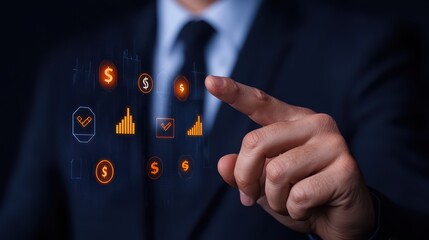 Poster - Businessman Interacting with Digital Financial Icons Displayed in Virtual Interface for Financial Technology Concepts