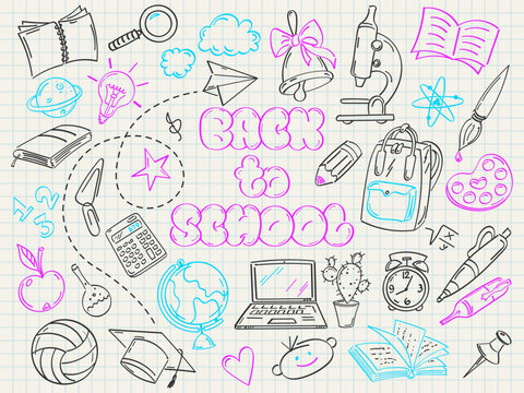A set of drawings on a school theme, books, a globe, a computer, a backpack, a bell with a bow and much more. Lettering - Back to school 2000s style, bubble font.