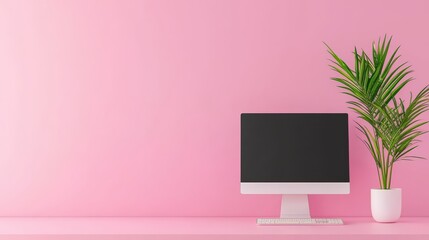 Poster - Modern Desktop Setup with Computer, Keyboard, and Green Plant on Pink Background