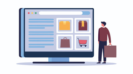 Person standing next to a computer screen displaying an online shopping website with product listings and search bar