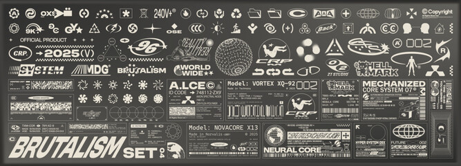 Brutalism graphic pack. Fake logos, icons, tech labels and monochrome stickers in futuristic Y2K style. Cyberpunk visual elements for UI, posters, apparel and design projects. Vector set
