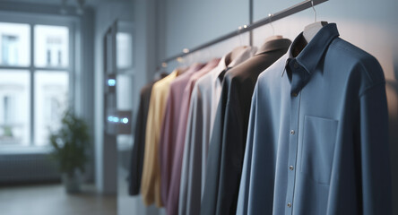 Aufkleber - Shirts made with advanced nanofabric hang neatly in a sleek showroom. Soft lighting highlights the unique designs and colors, showcasing the intersection of fashion and cutting-edge technology.