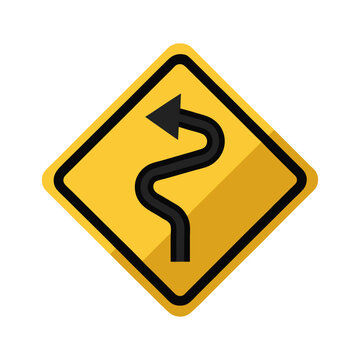 Winding Road Warning Sign. Yellow Diamond Traffic Sign with Curvy Arrow Indicating Sharp Turns Ahead, Isolated Vector Illustration
