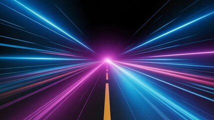 Wall Mural - Panoramic technology concept showcases high-speed dynamic motion with vibrant neon blue and purple glowing lights. This abstract futuristic background suits websites, applications, gaming templates, a