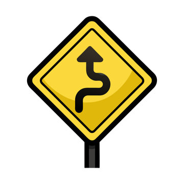 Winding Road Warning Sign. Yellow Diamond Traffic Sign with Curvy Arrow Indicating Sharp Turns Ahead, Isolated Vector Illustration