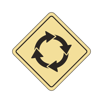 Roundabout Traffic Warning Sign. Yellow Diamond Road Sign with Circular Arrows Indicating Traffic Circle Ahead, Isolated on White Background