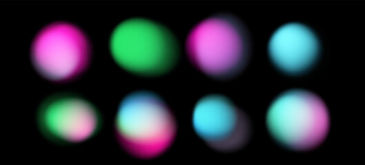 Poster - Vector illustration of glowing, blurred, colorful orbs on black background, in a modern abstract neon style, using green, blue, pink, and purple. Trendy look, similar to current vaporwave digital art.