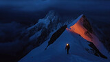Mountaineer illuminated by headlamp walking on snowy ridge at night