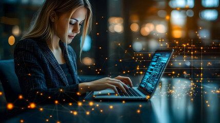 Woman using laptop network data graphic technology concept