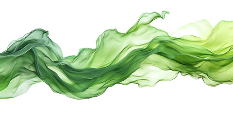 Poster - Flowing green silk fabric abstract against white background elegant drape design soft textile material creates swirling motion expressing graceful movement gradient color creates a sense of depth