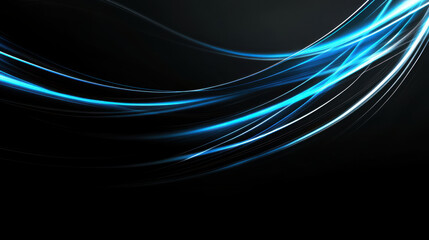Poster - Blue light streak curve on black background. Modern wave lines effect backdrop. Abstract digital art illustration for technology concept.