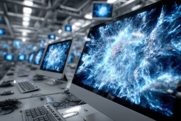 Fototapete - Technology showcase with glowing computer monitors in a modern office environment
