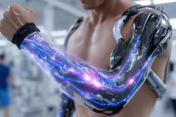 Poster - Futuristic robotic arm with glowing circuits in a tech lab setting