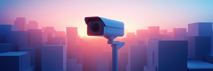 Poster - Security camera overlooking urban skyline at sunset