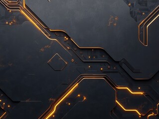Fototapete - Futuristic circuit design with glowing orange elements against a dark background showcasing intricate patterns