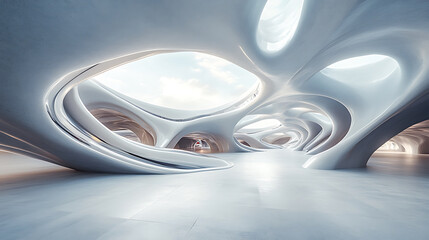 Poster - Futuristic architecture abstract interior design organic forms white smooth surface light reflections innovative structure modern art