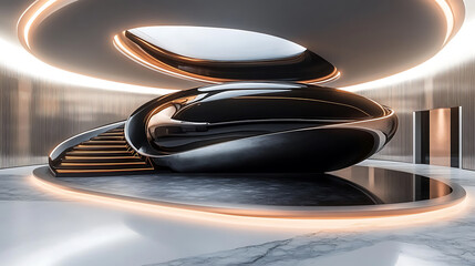Poster - Futuristic architecture interior design with dynamic curved staircase reflecting polished surfaces and integrated lighting elements creating a modern ambiance