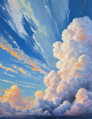 Poster - Wisps of dramatic clouds stretch across the evening sky, illuminated by warm hues of sunset. The vibrant display contrasts against the tranquil blues, creating a serene atmosphere Generative AI