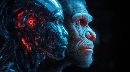 Poster - Futuristic digital illustration of primate evolution into cybernetic organisms,showcasing transition from nature to advanced artificial intelligence,symbolizing technological progress,hybrid identity
