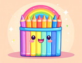 Colorful box of cheerful crayons with a smiling face and bright rainbow detail under glowing light