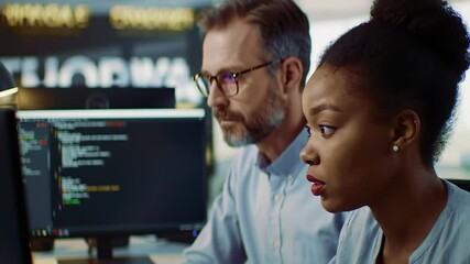 Diverse creative developers collaborating on a programming project, including a young Black woman and a middle-aged Caucasian man working together on a computer