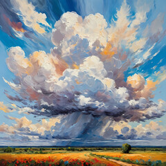 Poster - Vibrant clouds swirl over a sprawling golden field, illuminated by the warm hues of sunset Generative AI