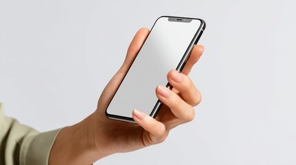 Poster - Female hand holding smartphone showing blank screen on white background