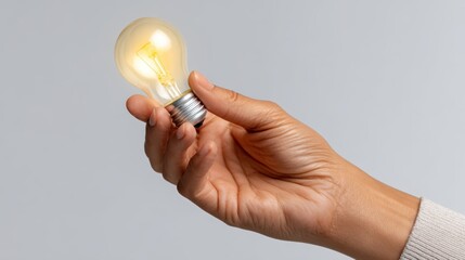 Poster - Hand holding light bulb glowing on white background