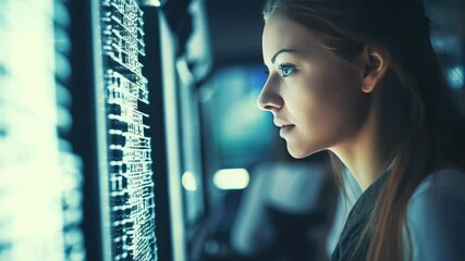 Poster - Focused woman viewing bright computer screen displaying complex data. Dark room illuminated by screen light. Information technology concept.