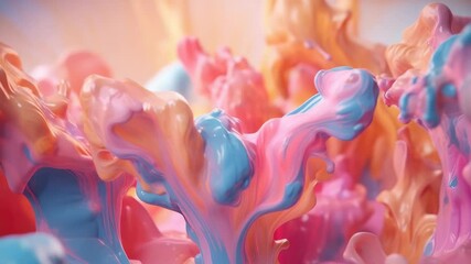 Poster - Pastel colored fluids form organic shapes. Blue pink orange colors mix softly. Smooth abstract textures against a light backdrop.