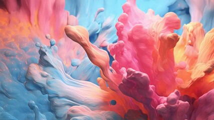 Poster - Colorful paint streams emerge mingling together. Pink, orange, and blue shades create an abstract design. Fluid motion is shown against a light backdrop.