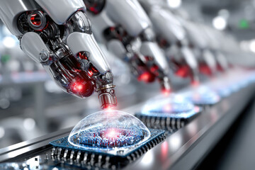 Poster - Robotic hands assembling microchips in a high-tech manufacturing facility
