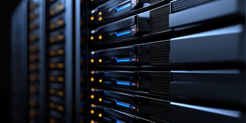 Server racks line up in a dimly lit data center, with glowing lights indicating activity. Technology and data storage