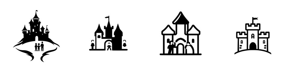 Poster - Collection of black castle icons representing various medieval architectures and themes in a modern digital design approach