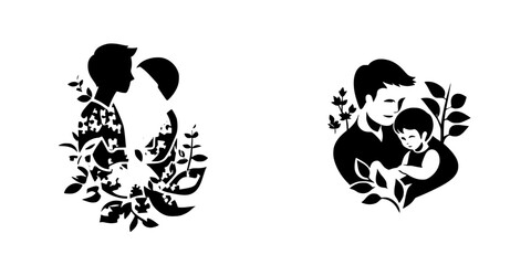 Poster - Black icon representing love and family with floral elements showcasing a couple and a father with child