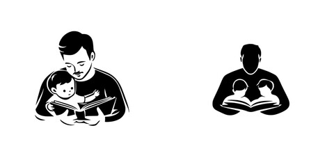 Poster - Father reading a book to child alongside adult reading to multiple children in a creative black icon design