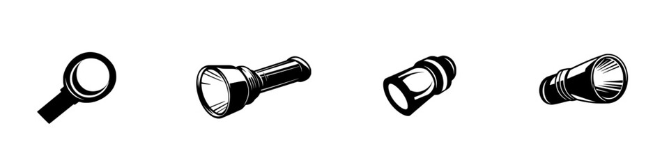 Poster - Set of black icons depicting various types of flashlights and magnifying glasses for graphic design projects or user interfaces