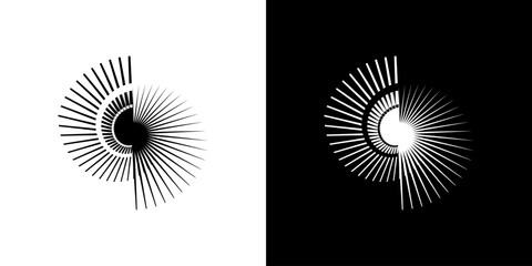 Poster - Two black and white abstract illustrations featuring complex circular patterns with wavy lines radiating outward, presented on a white and black background for contrast.