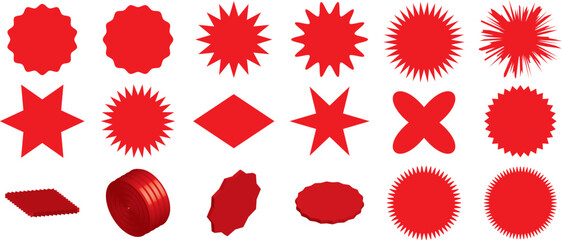 Red starburst sticker set Special offer 3d price tag Price sticker sale sticker starburst quality mark retromark retro silhouette Sunburst retro sale badge quality signs red sale round
