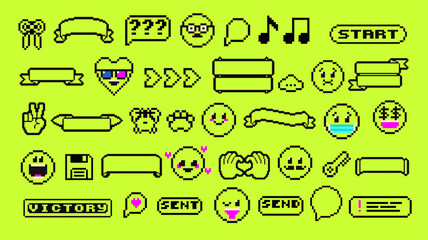 Fototapete - Pixels Y2k funny stickers. 8-bit retro style vector illustration for social media. Set of emoticons pixel art. Emoji pixelated icons. Various faces