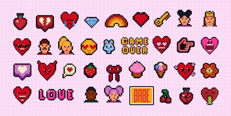 Poster - Y2k pixel art icon set with hearts, smile face and speech bubbles. Mood of 90's. 8 bit editable pixel vector illustration. Game abstract Happy Valentines Day elements.