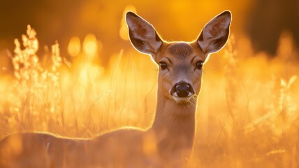 Poster - A young deer relaxes in tall grass as the sun sets, casting a warm golden glow.