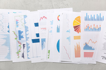 Fototapete - Many business graphics and diagrams on grunge grey background