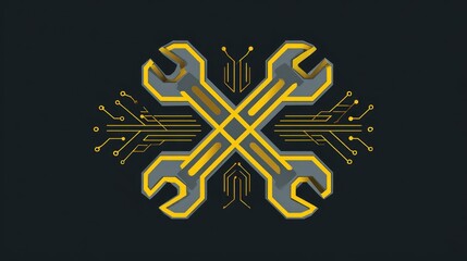 Poster - Modern startup engineer logo using circuit and wrench shapes in flat style vector