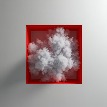 Abstract cloud formation in a red framed niche on a light gray wall. 3D rendered modern interior design element with a minimalist style. Interior design concept -