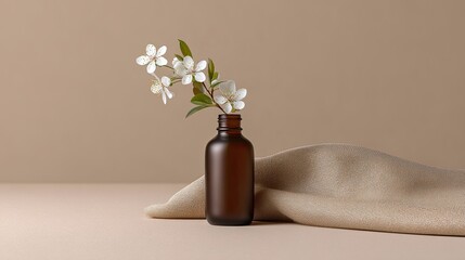 Poster - Elegant Brown Bottle with White Blossoms on Soft Beige Background