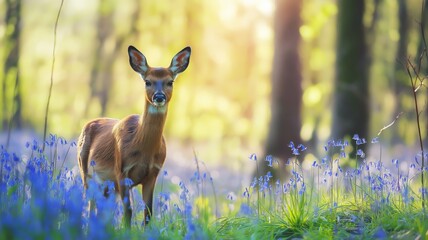 Aufkleber - A deer is poised among colorful bluebells in a tranquil forest, basking in the warm sunlight.