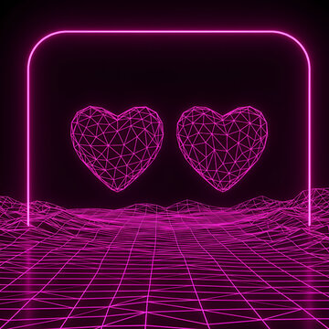 Neon pink heart shapes in a wireframe style against a dark background with a gridded, futuristic landscape. Two hearts suspended in a virtual space, with neon outlines and a digitally rendered scene.